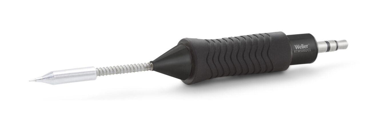 In the image, a soldering iron is visible. It has a black, rubberized handle with grooves for better grip. The tip is made of metal and slightly shaped to allow for precise work.