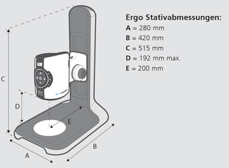 The image displays a technical drawing of a device with dimensions and labels. It features a tripod with a monitor attached to the side, and a round base.