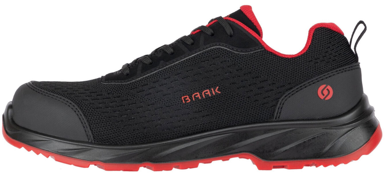 The shoe is black with red accents. It has a breathable surface, flat laces, and a sturdy rubber sole. Ideal for athletic activities or everyday wear.