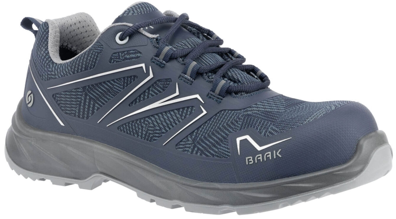 The shoe is a blue, sporty half-shoe with a textured upper and gray details. It has a flexible sole and laces for secure fit.