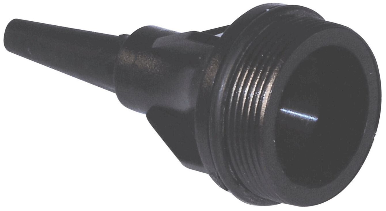 The image shows a black, conical adapter. It has a thread at one end and a pointed opening at the tip. It appears solid and is made of plastic.