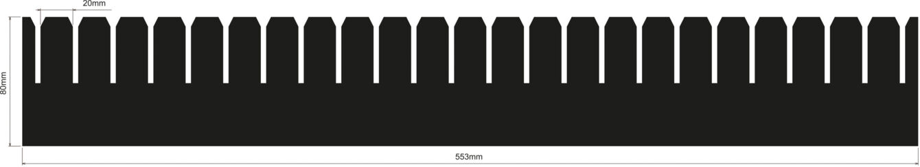 The image shows a long fence in black, with regularly arranged, trapezoidal spikes on the top edge. The overall dimensions are 1600 mm in length and 270 mm in height.