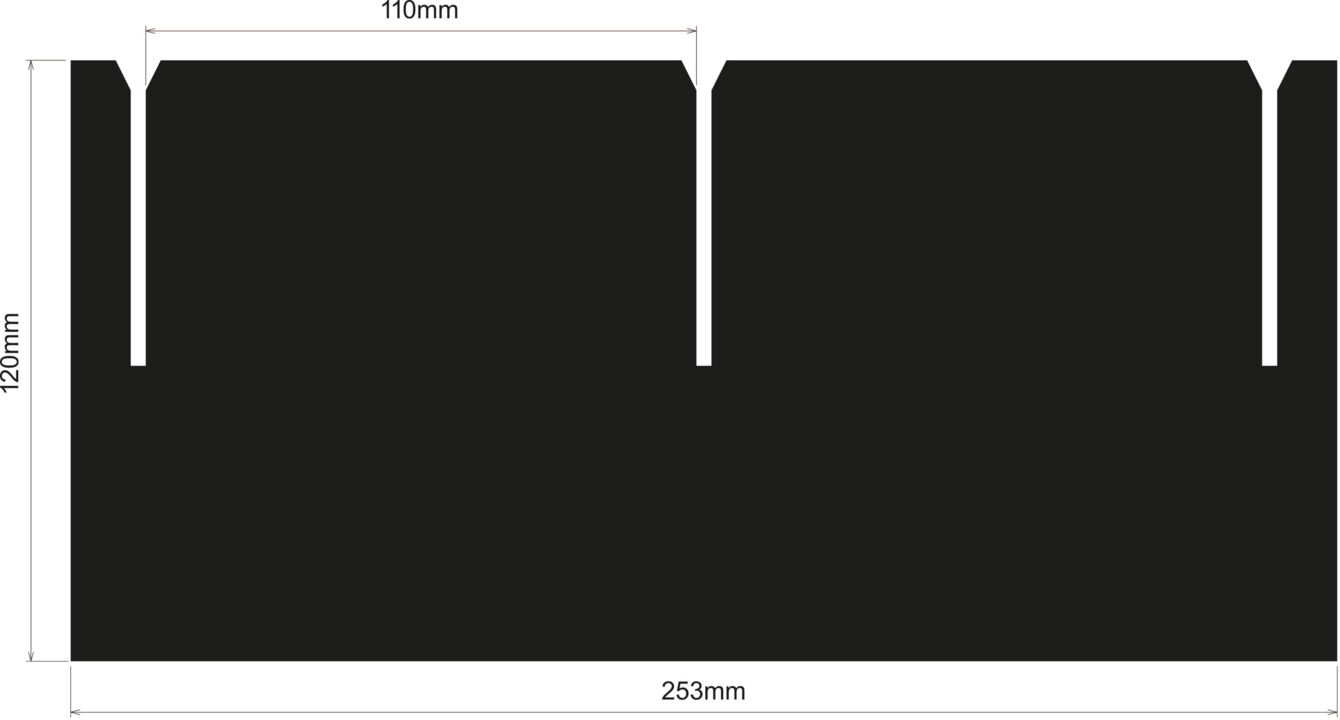 The image shows a black, rectangular shape with two notches at the top. The dimensions are 253 mm in width and 120 mm in height, with notches of 110 mm.