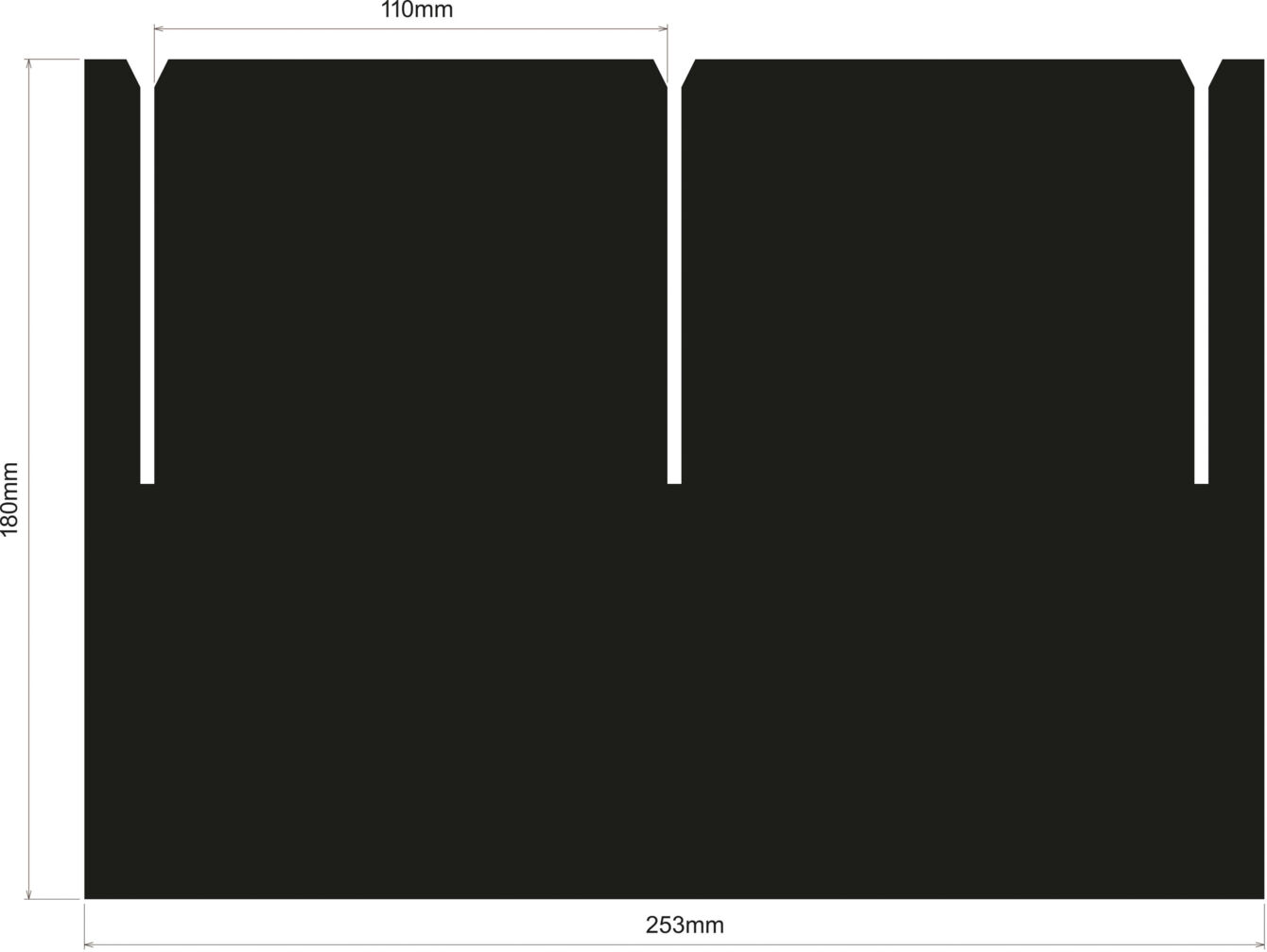 The image shows a black template with dimensions of 253 mm in width and 180 mm in height. At the top, there are two parallel cutouts, each 110 mm wide.