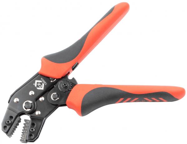 The image shows a cable cutter with ergonomic, red-black handles. The blades are serrated and intended for stripping cables. The tool halves are slightly curved.