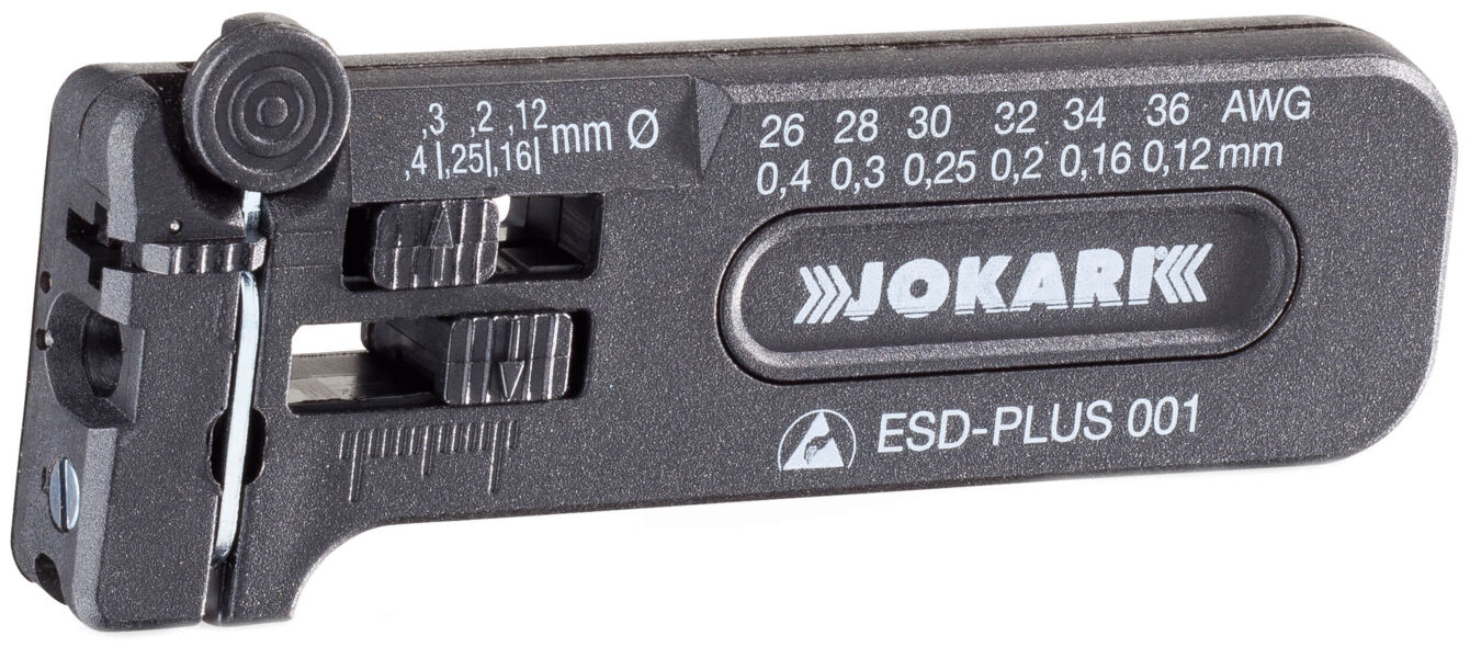 The image shows a black wire cutter with a scale for adjusting different wire sizes and a round dial. Numbers and marks are embossed on the surface.