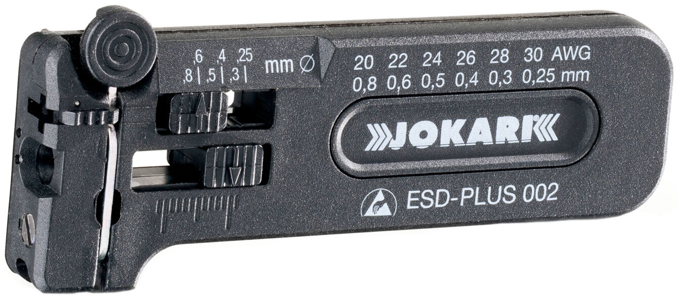 The image shows a black tool, a wire stripper, with various scales for wire diameter and English AWG. It has a rotary knob and a side opening for stripping.