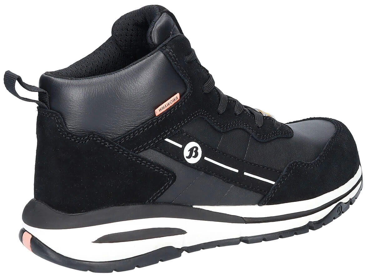 The shoe is a black high-top sneaker. It is made of leather and suede, features a white sole with a black rubber outsole, and has some orange accents. Sturdy and sporty.