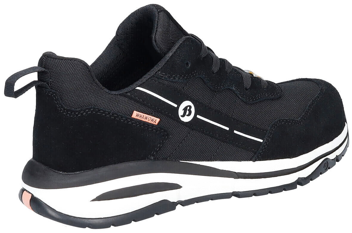 The shoe is a black sneaker with a cushioning sole. It has a smooth, textile upper and a white line running along the side. The laces are color-coordinated.