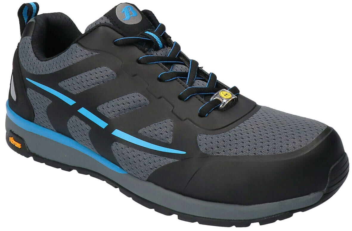 The shoe is sporty with a gray mesh upper and black plastic. A blue accent strip runs along the side. It has a grippy sole and laces for adjustment.