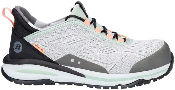 The shoe is sporty and sleek, with a gray, breathable upper. The sole is white with a greenish accent. The heel is black, with orange details.