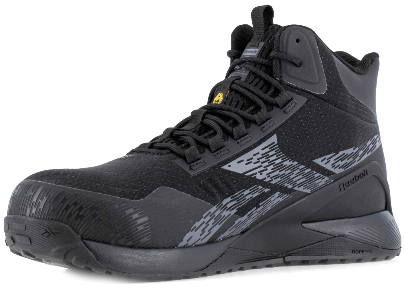 The shoe is black with gray accents. It has a high shaft, is lace-up, and has a textured surface. The sole is stable and designed to be slip-resistant.