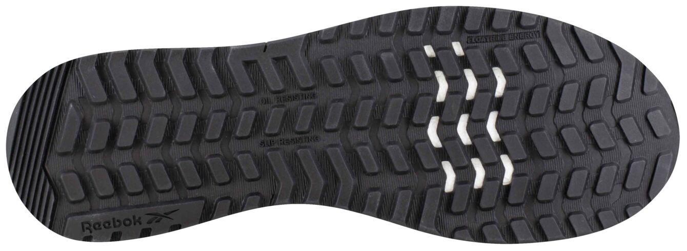 The image displays the sole of a sports shoe. It is made of black rubber with a textured pattern that provides slip resistance. White inserts interrupt the pattern.