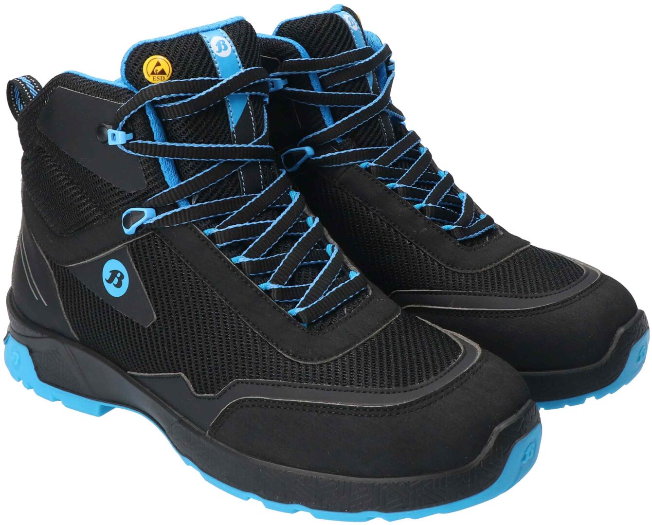 The image shows a pair of hiking boots. They are predominantly black with blue accents. The shoes feature a higher design, a textured surface, and striking laces.