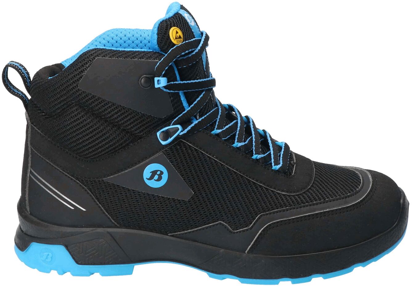 The shoe is a black, ankle-high hiking boot with blue accents. It has a sturdy sole, laces, and a padded tongue. The construction is sporty and functional.