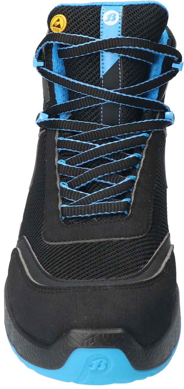 The image shows a black sports shoe with blue shoelaces. The upper surface is made of breathable material, and the sole has a textured profile for better grip.