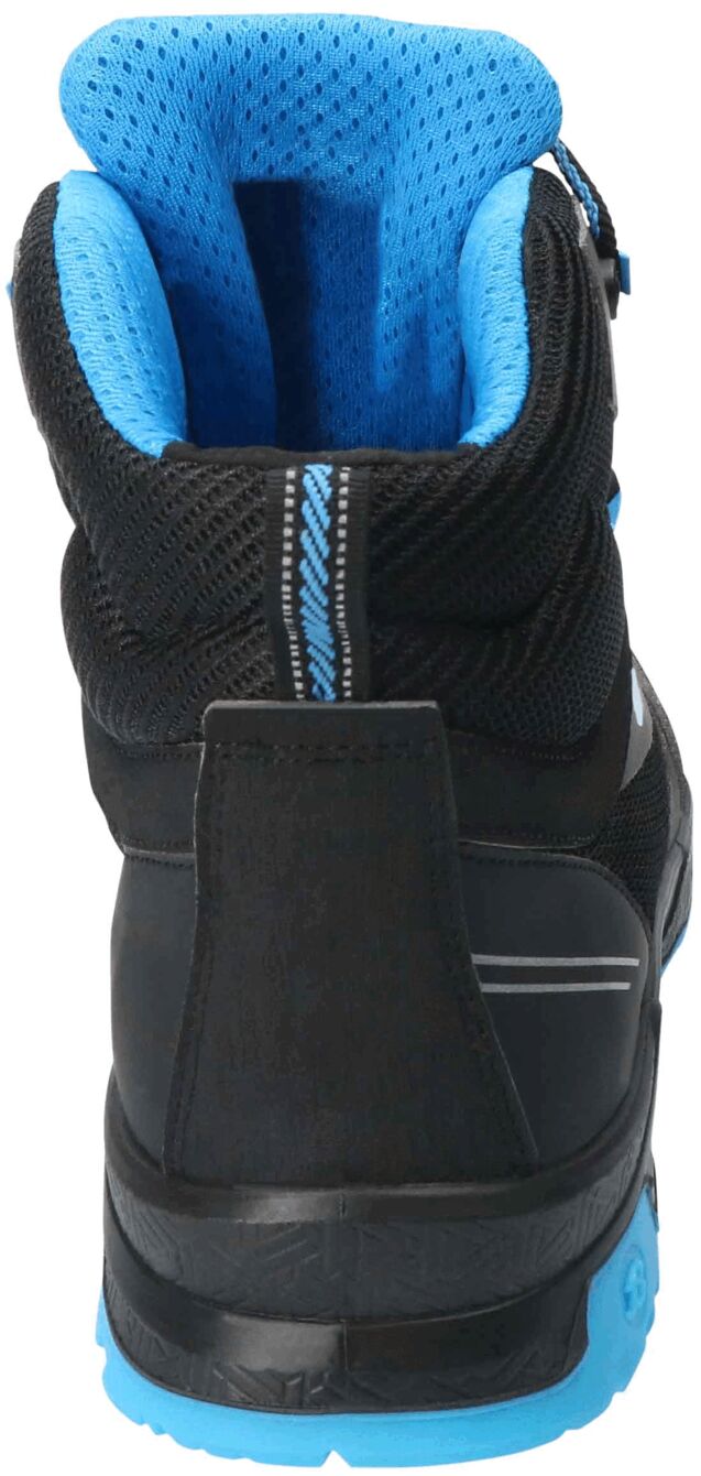 The image shows a tall black shoe with blue accents. The upper part is breathable and textured, while the sole appears sturdy and grippy.