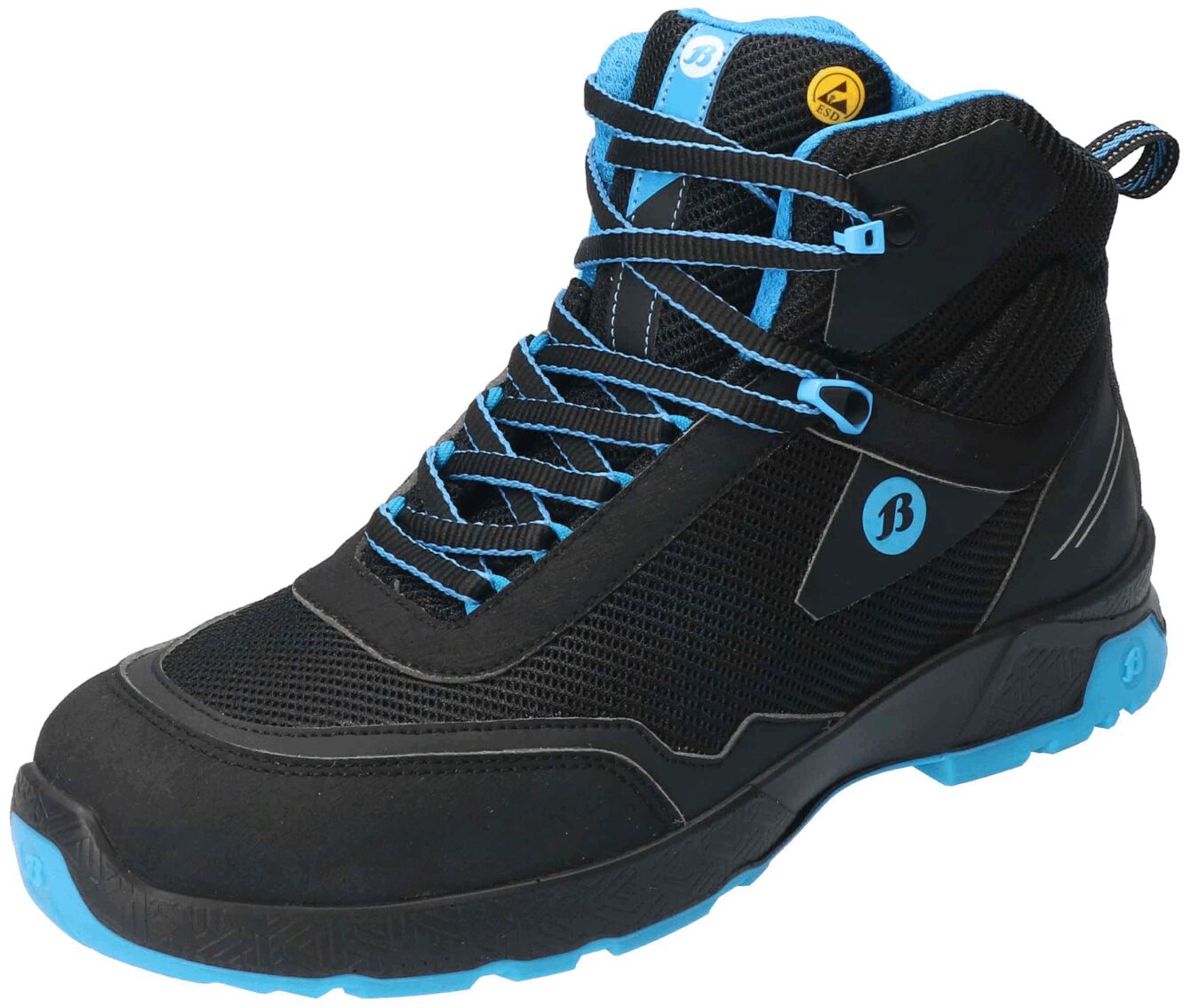 The shoe is a black, sporty hiking boot with blue accents. It has a high shaft, laces, and a profiled sole for good grip.