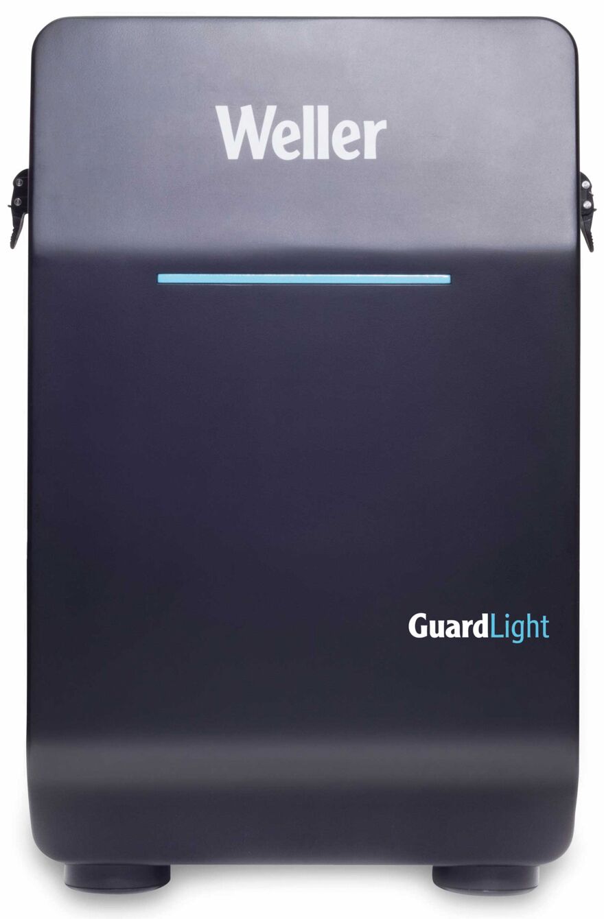 The image shows a black, rectangular box with rounded edges. At the top is the word "Weller", and below that, the word "GuardLight" can be seen. A blue stripe runs horizontally across the middle.