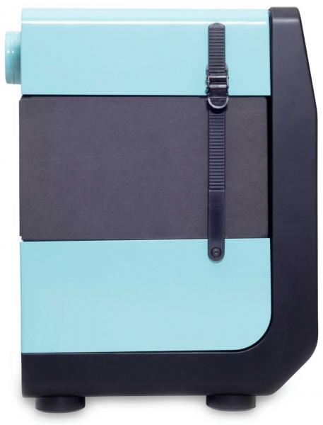 The image displays a compact, box-shaped refrigerator in blue and black. It features a smooth surface, a durable strap, and round feet. The top is light blue.