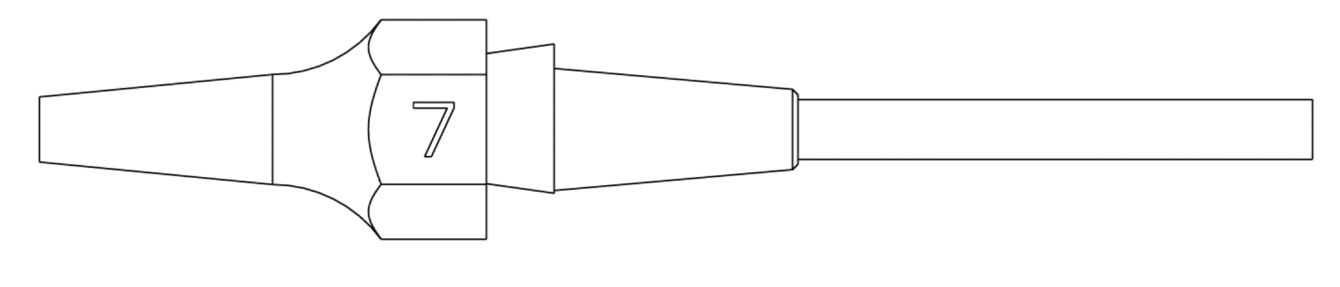 Das Bild zeigt eine technische Zeichnung eines Objekts, das an einem Ende schmal und spitz zuläuft. In der Mitte befindet sich eine markante Vertiefung mit der Zahl 7. Der Rest ist ein gerader, dünner Schaft.