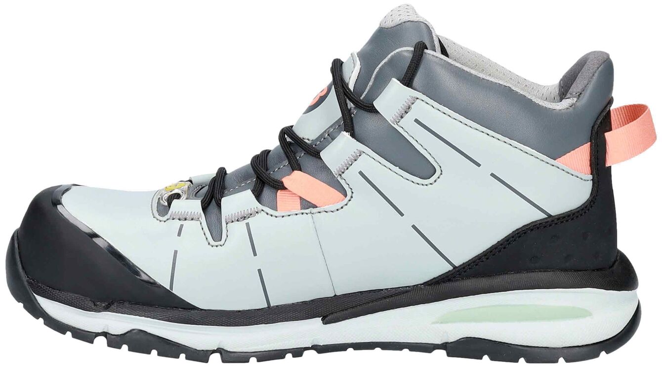 The shoe is a lightweight, gray trekking boot with black and pink accents. It features a reinforced toe cap, laces, and a padded tongue for comfort.