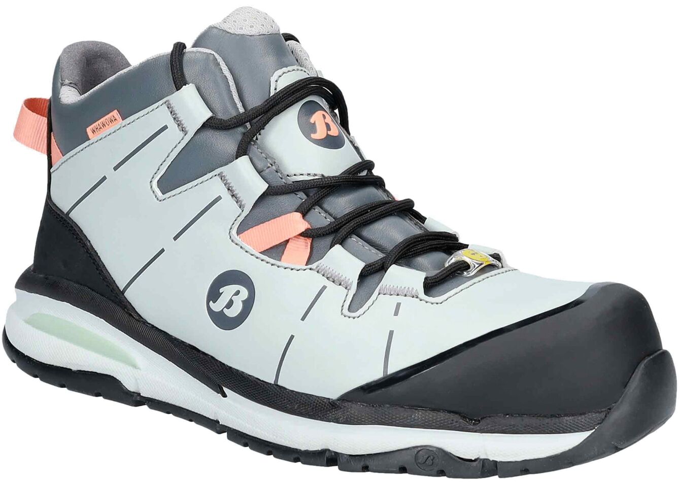 The shoe is a sporty, mid-height trekking boot in light blue color. It has a black rubber cap at the front, gray laces, and orange details. The sole is stable and flexible.