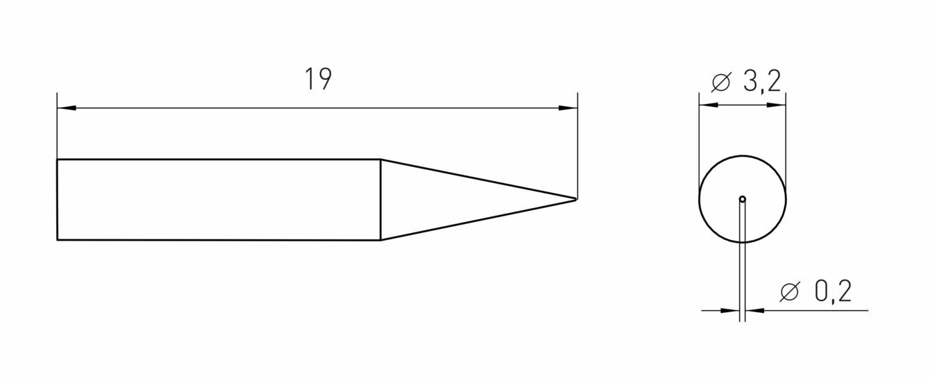 The image displays a technical drawing of a conical object: It is 19 mm in length, with a diameter of 3.2 mm at the base and 0.2 mm at the tip.