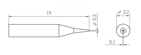 Das Bild zeigt eine technische Zeichnung eines dünnen, spitzen Objekts mit angegebenen Maßen: 19 mm lang, 3,2 mm Durchmesser an der dickeren Stelle und 0,3 mm an der Spitze. An einer Seite ist der Querschnitt dargestellt.