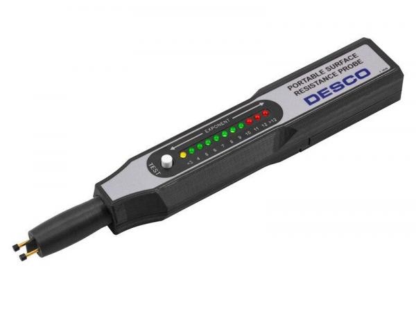 The image displays a portable resistance meter. It has a long, narrow body in black and silver with an LED display. At the end, there are two contacts for measurement.