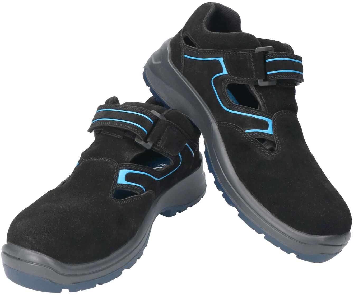 The image shows a pair of black, sporty shoes with blue accents. They feature a comfortable fit and a Velcro fastening, ideal for leisure or light sports.