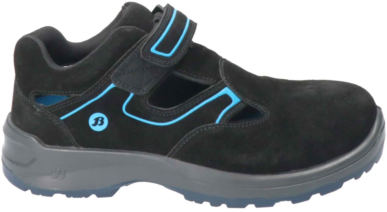 The shoe is a black casual shoe with a Velcro fastener. It features blue accents on the sides and has a comfortable, non-slip sole. The upper material is made from soft material.