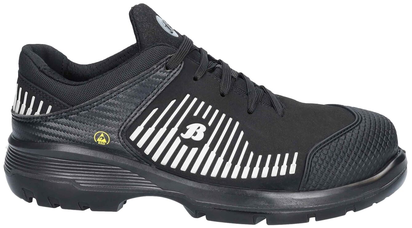 The shoe is black with gray and white stripes on the side. It has a padded tongue and a non-slip sole that appears stable and comfortable. Ideal for athletic activities.