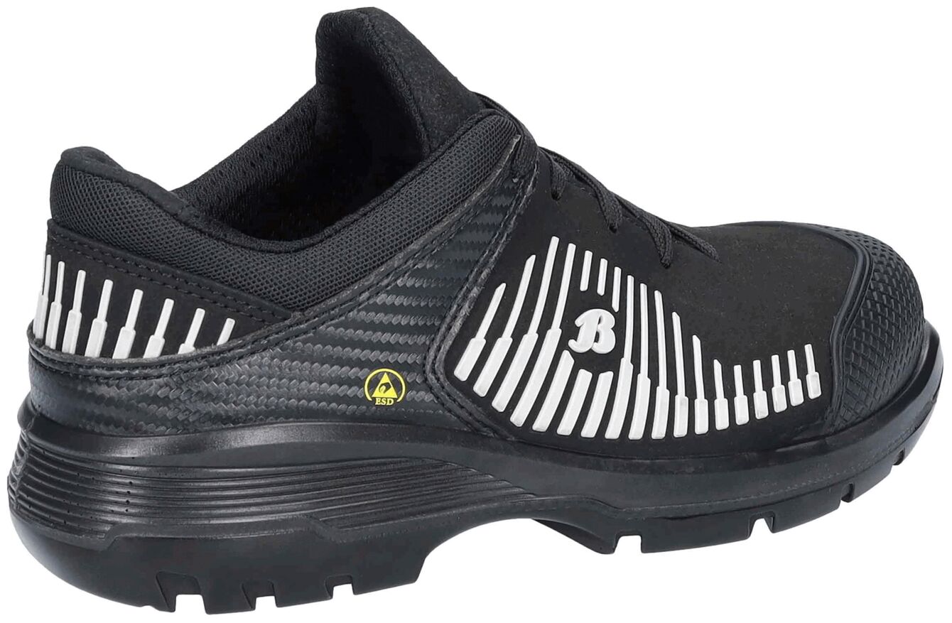 The shoe is black with a textured upper. On the side, there are horizontal white stripes and a logo visible. The sole is sturdy and grippy, ideal for active use.