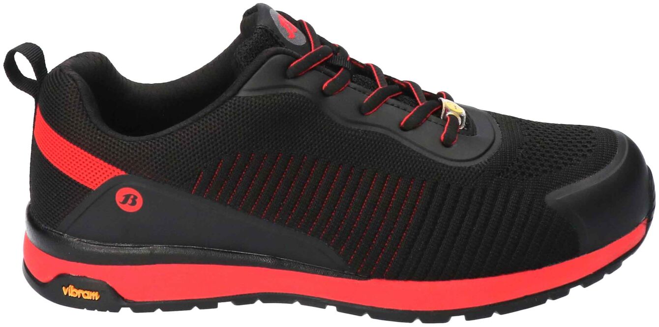 The shoe is black with red accents. It has a sporty design, a breathable upper, and a non-slip sole. The laces are also red.