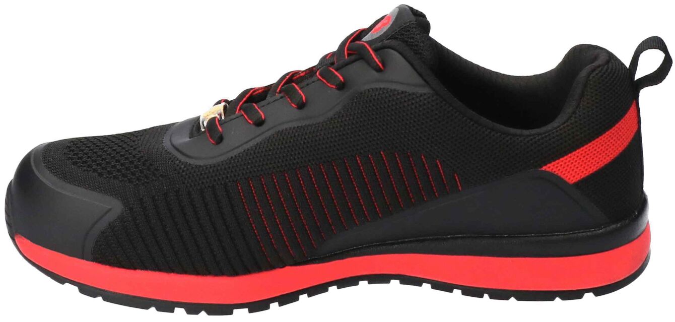 The shoe is black with red accents. The surface is made of textured material, and it has a non-slip sole. The laces are in the middle and the heel is reinforced.