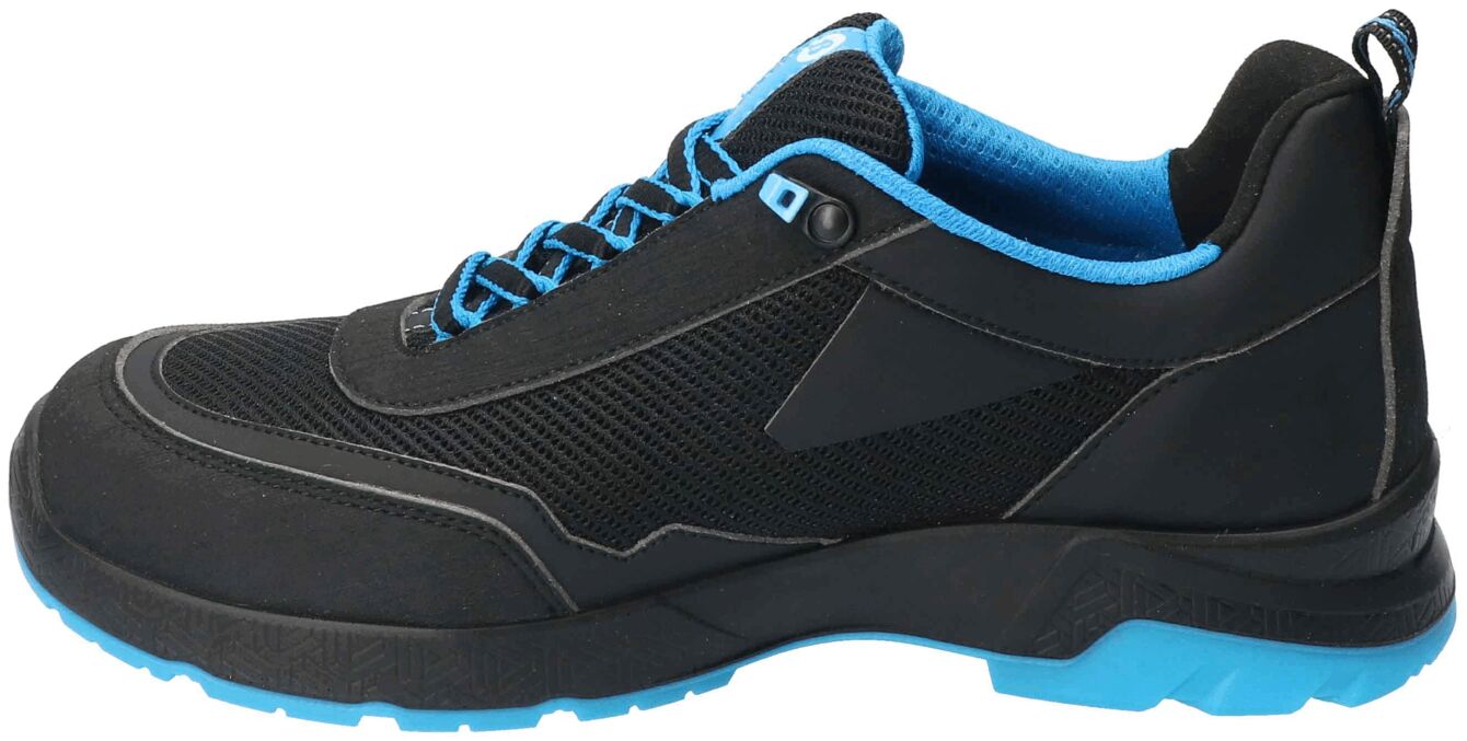 The shoe is black with blue accents. It has a breathable structure, a padded tongue, and laces. The sole is sturdy and provides good grip.