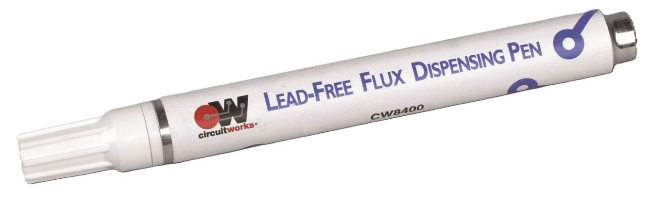 The image shows a white pen with a broad tip. On the pen is written "Lead-Free Flux Dispensing Pen" and it has a silver cap. Ideal for precise work in electronics.