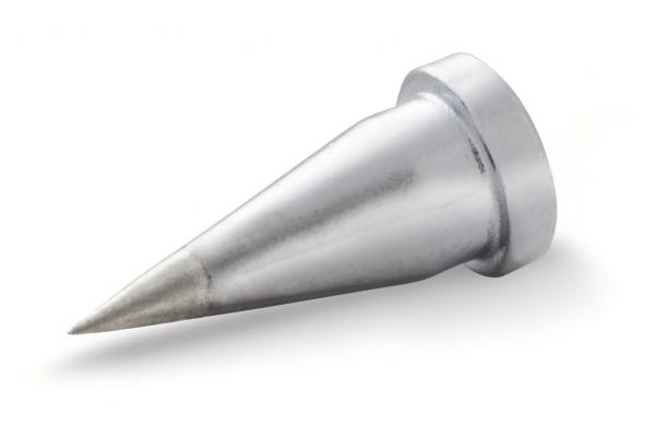 The image depicts a conical, silver metal object. It has a wide, flat base and tapers to a point at the top. The surface appears smooth and shiny.