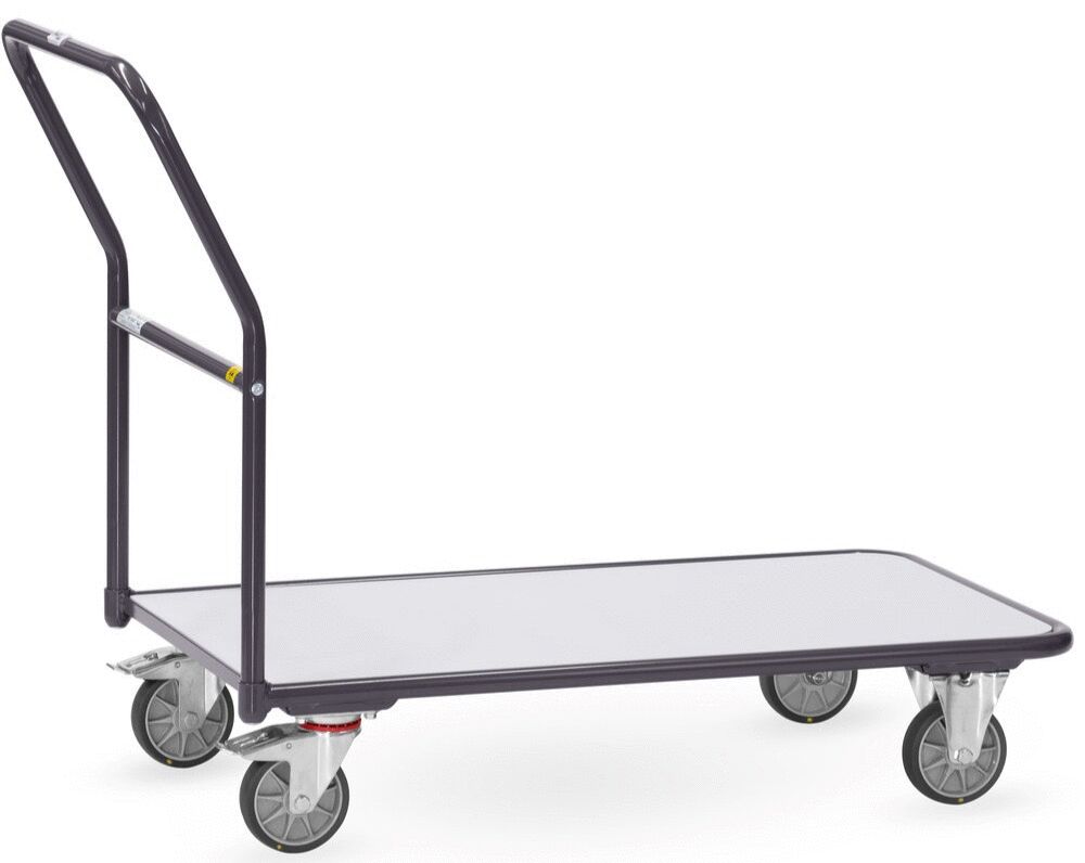 The image shows a handcart platform with two fixed and two swivel wheels. It has a flat, rectangular base and an ergonomic handle to facilitate maneuvering.