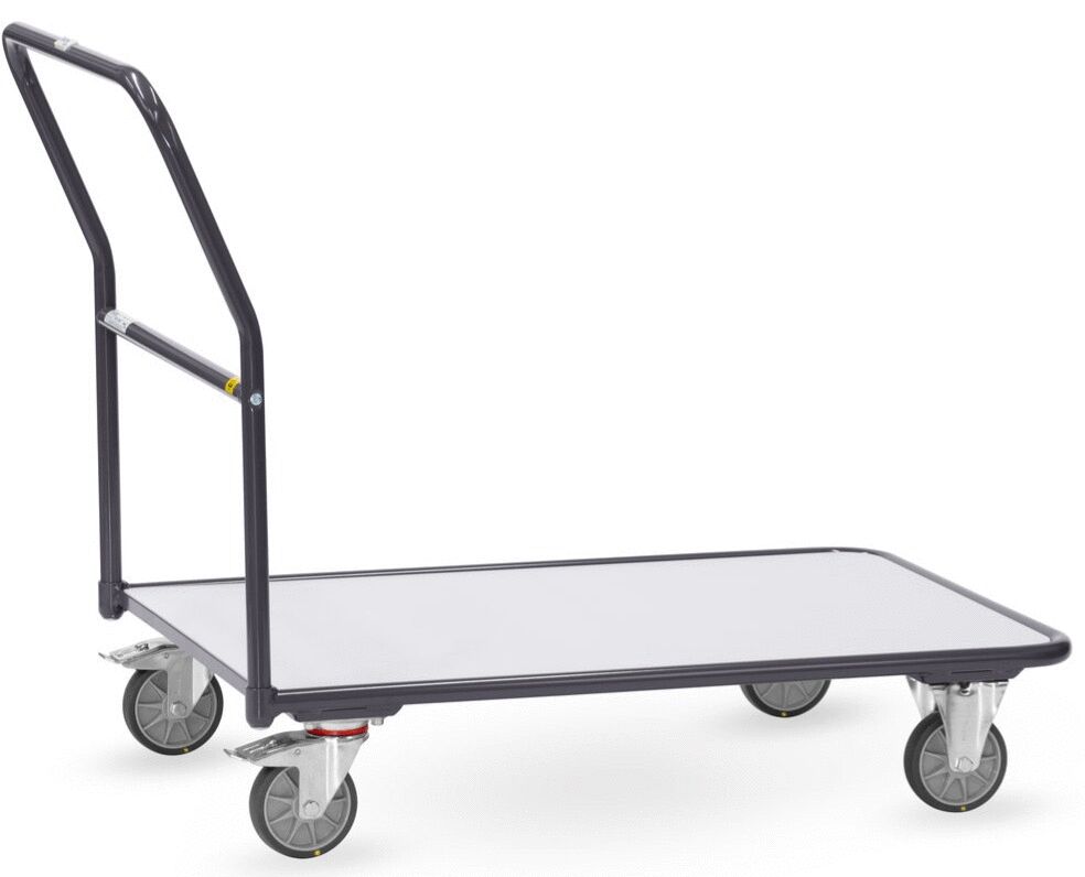 The image shows a flat transport cart with a rectangular platform design and a sturdy handle. It has four wheels that allow for easy movement.