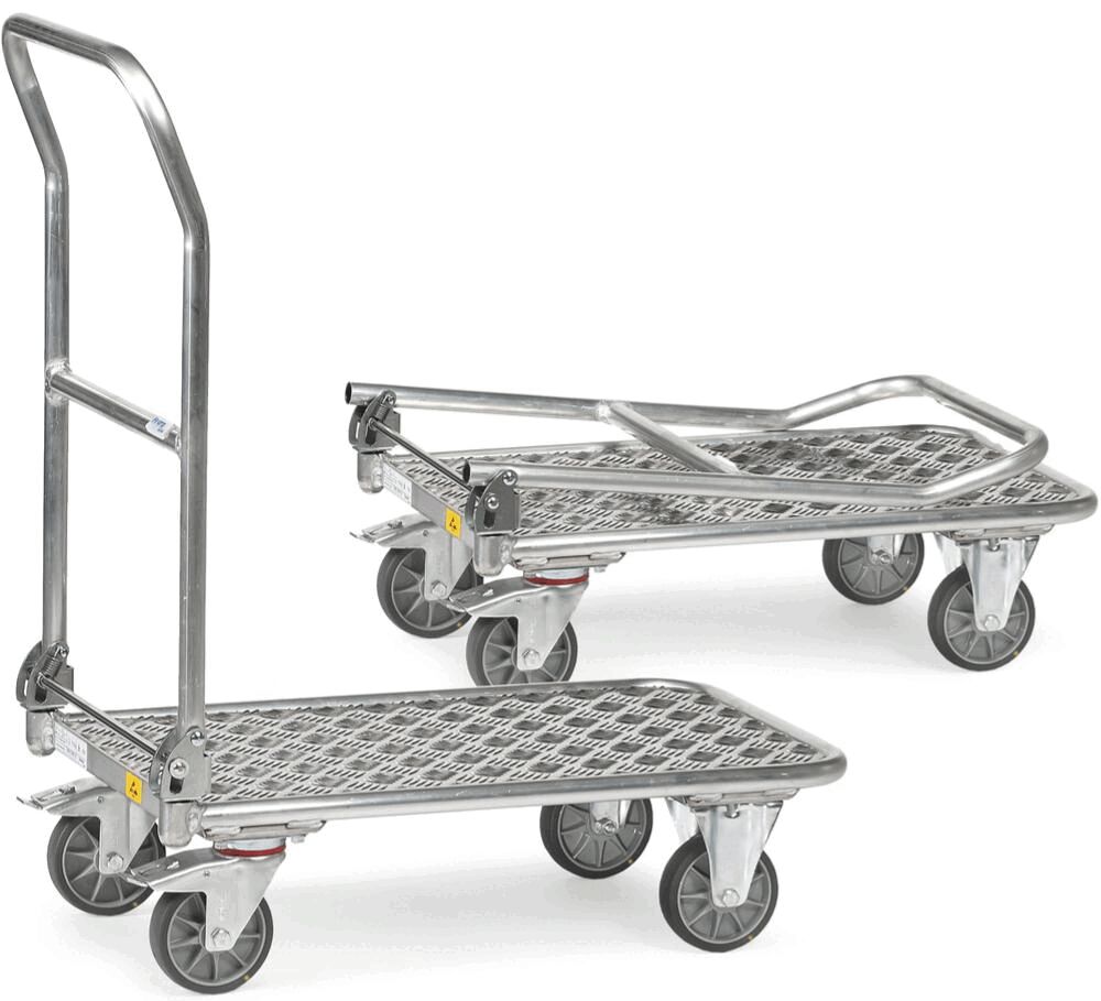 The image shows two foldable metal hand carts. They have a non-slip surface and four wheels, two of which are swivel. One cart has a tall handle, while the other is flatly folded.