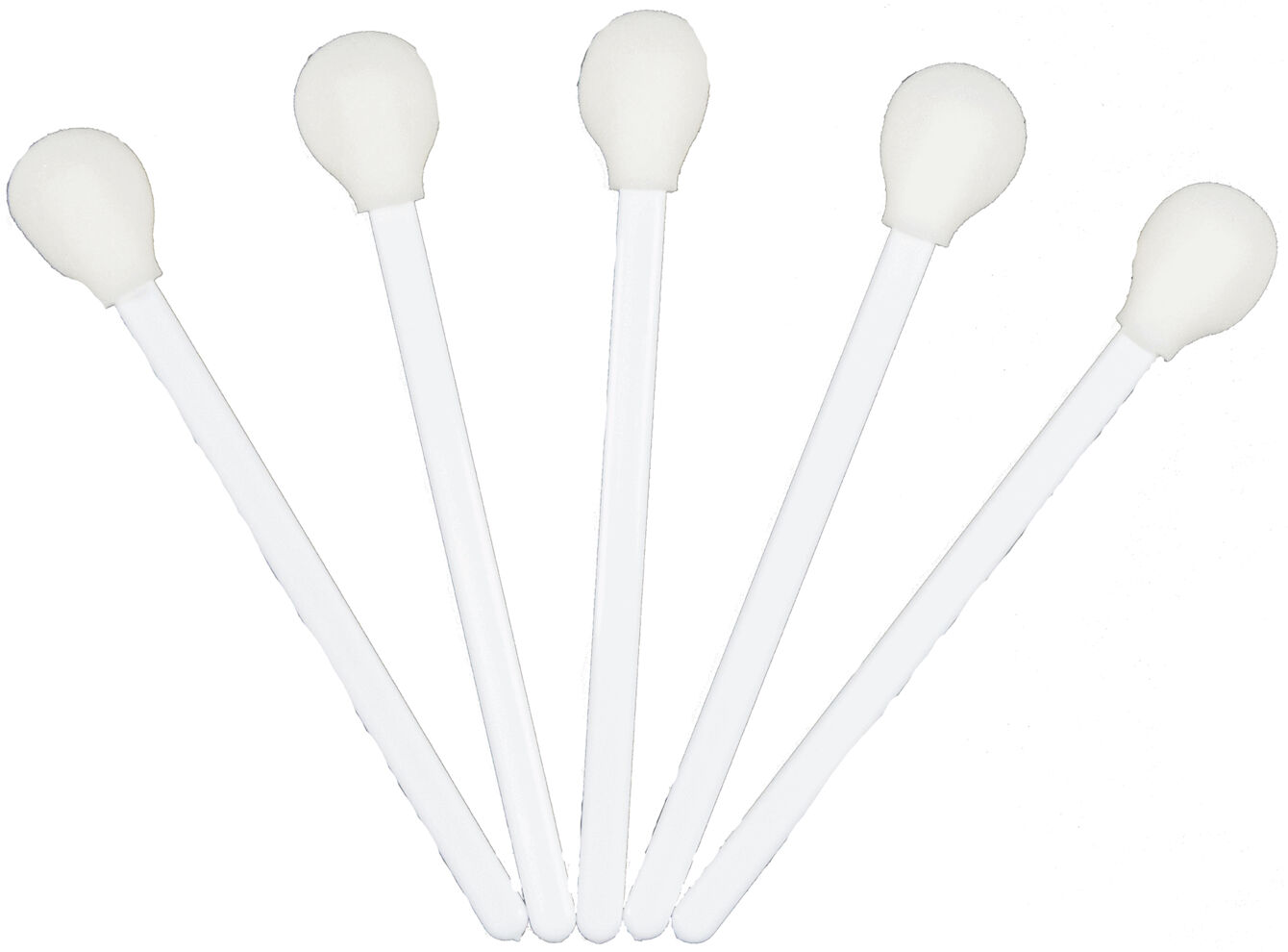 The image shows five white cotton swabs in a row. Each cotton swab has a round, soft head on one end and a long, thin stem.