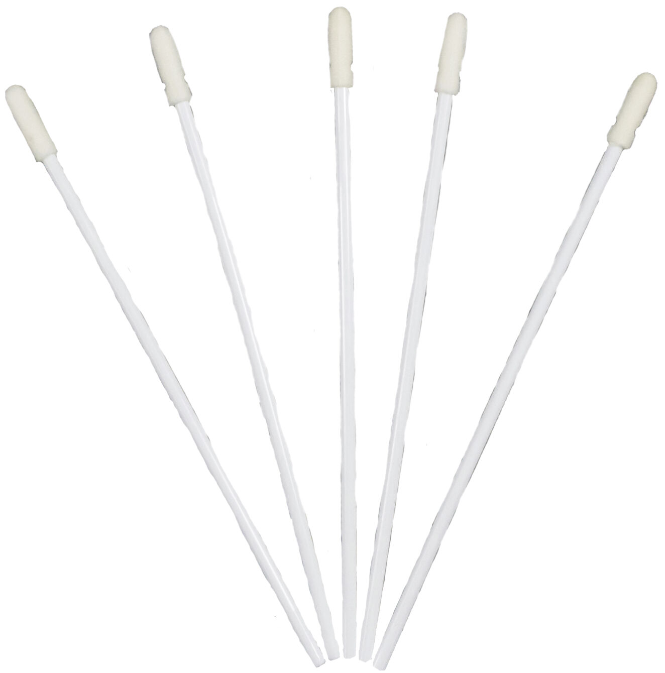 The image shows five white cotton swabs. They are slim and straight with a small, soft tip. The swabs are evenly arranged and appear clean and tidy.