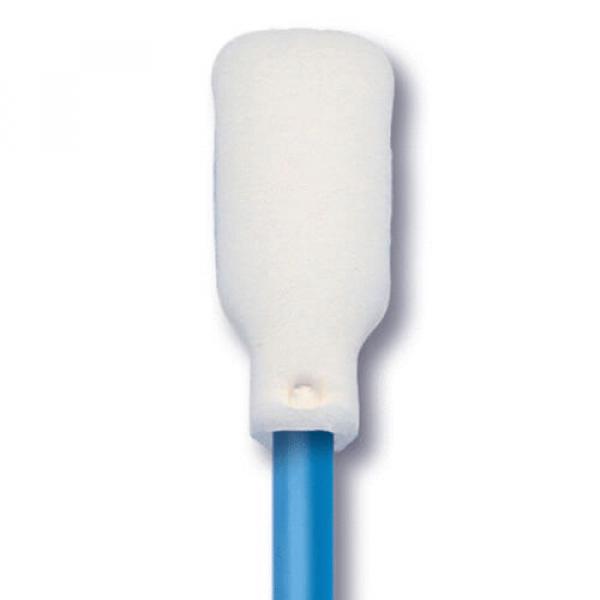 The image shows the head of a white cane for the visually impaired. It has a smooth, oval shape and is slightly flattened at the top. The cane features a blue handle, which constitutes the rest of the cane.