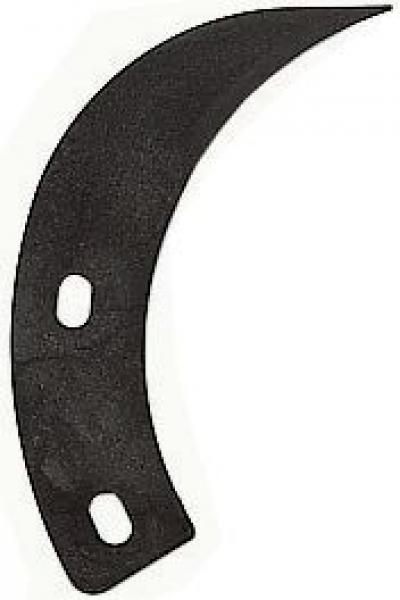 The image shows a black, curved piece of metal that has a sharp edge. It has two round openings, possibly for mounting screws. The shape is like part of a tool.