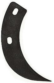 The image shows a curved, black metal piece with two round holes. The shape resembles a small sickle or a bow. It is flat and has sharp edges.