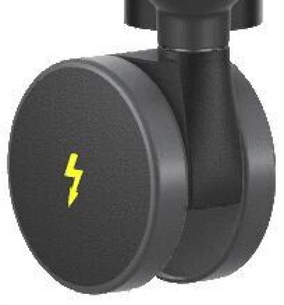 The image shows a black roller wheel with a yellow lightning bolt symbol on the front. The shape is round and the wheel is attached to a sturdy holder.