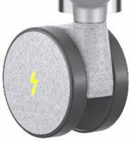 The image displays a caster wheel with a gray fabric cover and a black edge. In the center, there is a yellow lightning bolt symbol. The wheel is attached to a supporting structure.