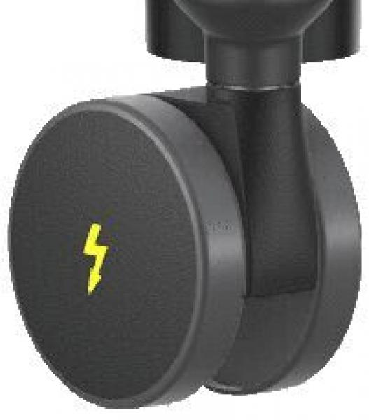 The image shows a black wheel with a yellow lightning bolt symbol. It is attached to a vertical stand and has a smooth, round shape. The entire structure appears modern and sturdy.